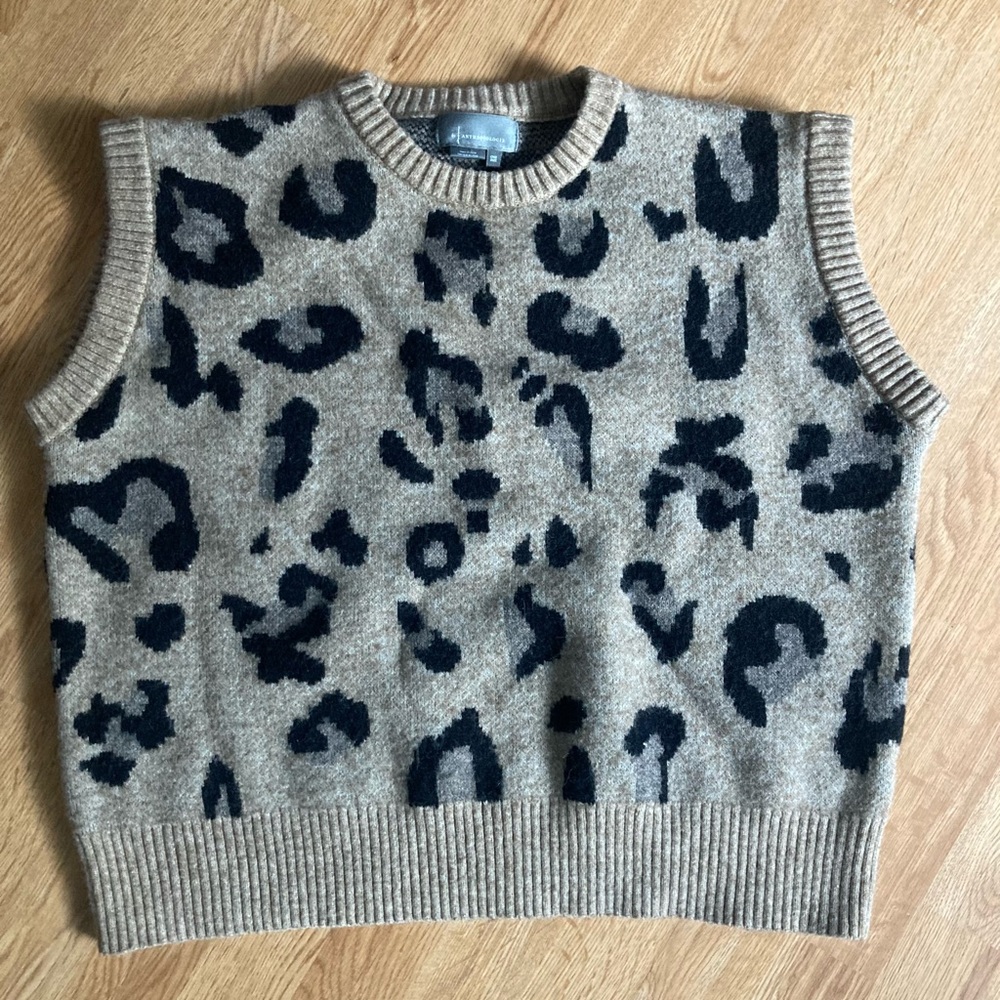 Anthropologie Beige and Black Leopard-Print Sleeveless Sweater Vest